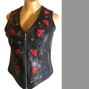 VTG TRIBE AMERICA Black & Red "Roses" Leather Vest w/ Silver Studs